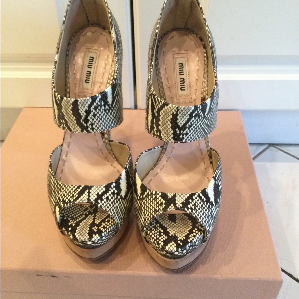Miu Miu Python Snake Platform Peep Toe Heels - image 2